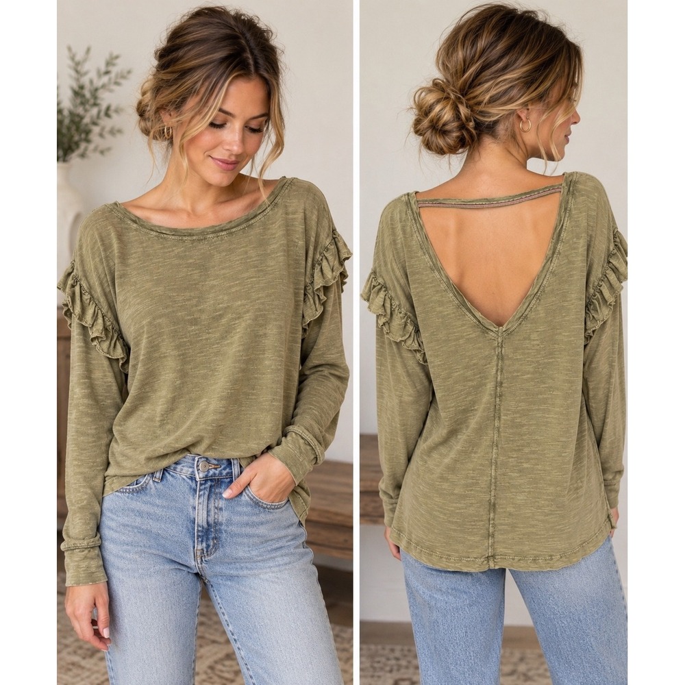 Pilcro Olive Ruffle Shoulder Long Sleeve Top Low V Back Boho Casual Small